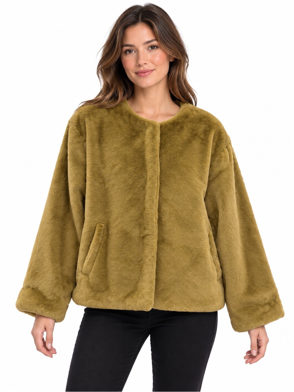 Roaman's Gold Faux Fur Teddy Jacket
